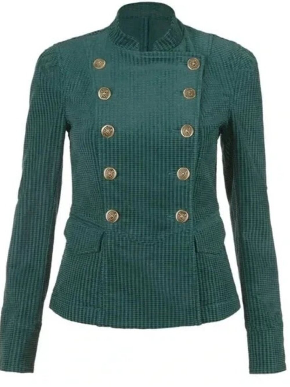 Cabi Regiment Jacket Med Green Textured Double Breasted Military Peplum Blazer